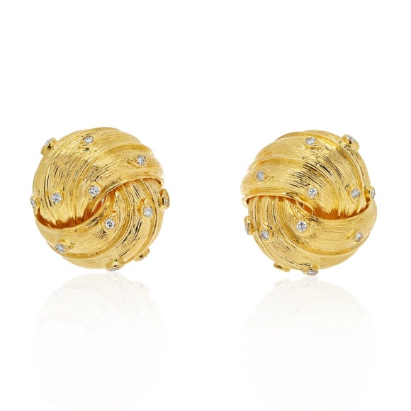 David Webb 18K Yellow Gold Knot Style Button Diamond Clip On Earrings - Picture 1 of 4